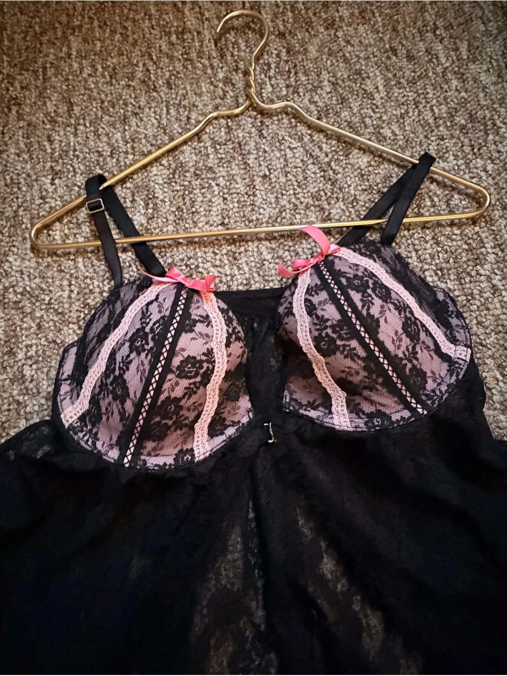 Victoria's Secret Black Lace Babydoll Chemise with Pink Cups